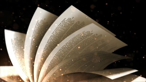 View of flying book pages with a black backround