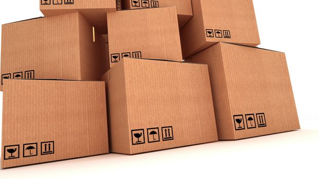 collection of various cardboard boxes on white background. closeup