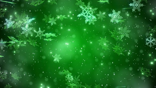  falling snow beautiful snowflakes and bright stars against a green background