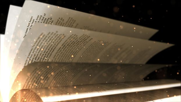 Turning pages of old book with a black background closeup