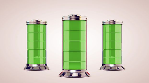 Three glass battery are charged. Isolated. White background.