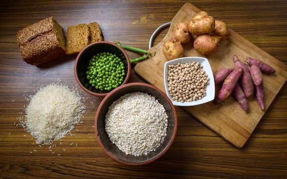 Food ingredient on wooden kitchen table