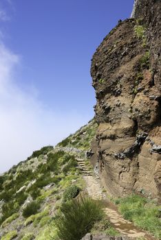 blue sky and big rocks at the high mountains at madeira island called pico arieiro, the top is 1818 meters above sea level