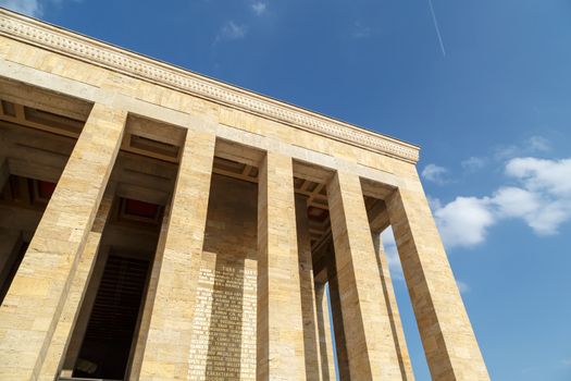 Bottom view of Anitkabir, mausoleum of turkish leader Ataturk, on bright blue sky background.