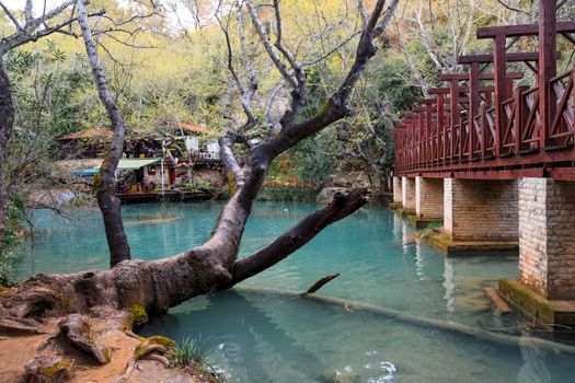 View of a wooden bridge on a lake in Kursunlu Waterfall around trees.