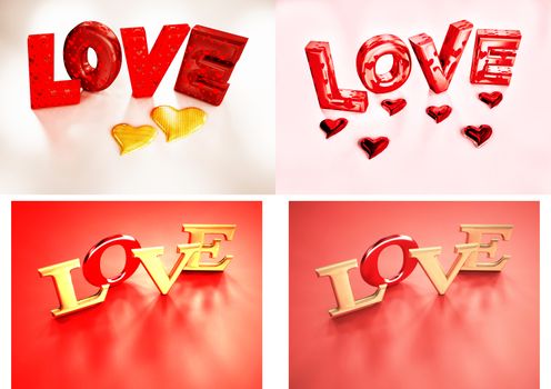 Set of pictures dimensional inscription of LOVE on background. 3D illustration.