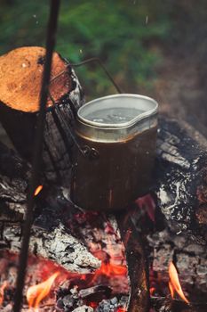 meal preparation in a pot on the fire