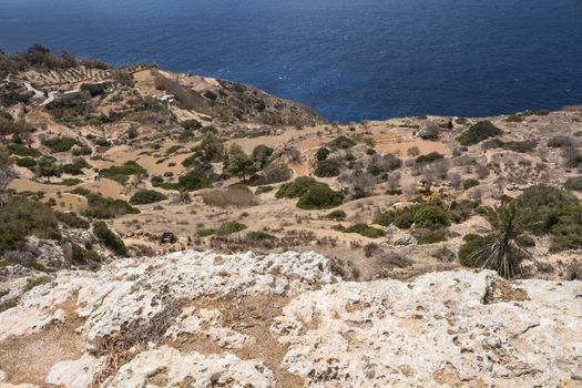 Dingli Cliffs, one of the most beautiful parts of the shore at the island Malta. Water of the Mediterranean sea.