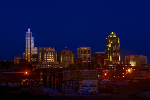 Skyline of Raleigh, NC during a summer dusk
