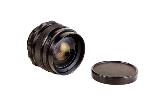 An old manual focus control camera lens isolated on white background with clipping paths