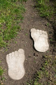 Two wooden feet in earth and grass