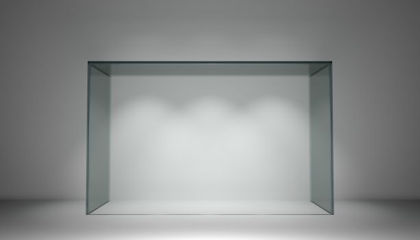 Empty glass showcase for exhibit in clean gray room. 3d rendering