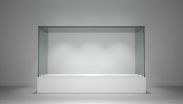 Empty glass showcase, exhibition copy space. 3D rendering