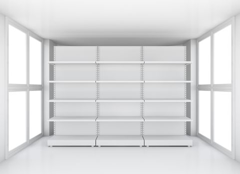 White empty supermarket retail store shelves in clean exhibition room, 3D illustration