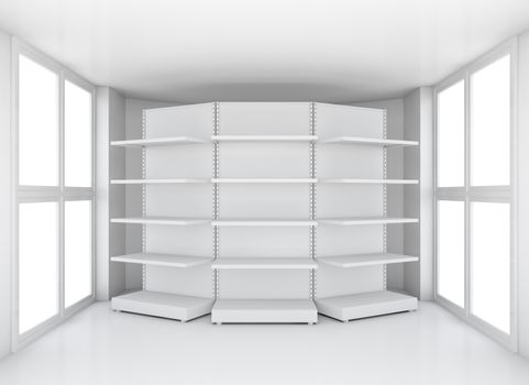 Realistic empty supermarket shelf in room with windows, 3D illustration