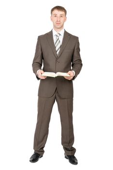 Businessman holding open book and looking at camera isolated on white background