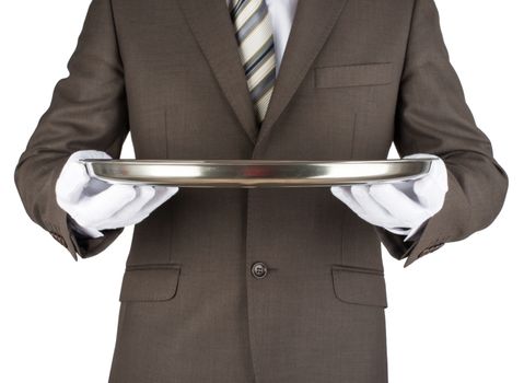Male waiter holding tray isolated on white background