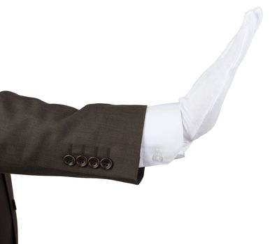 Mans hand in white glove showing stop gesture isolated on white background