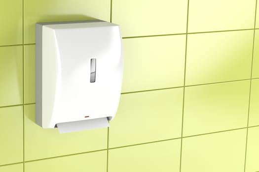 Automatic paper towel dispenser on green tiled wall 