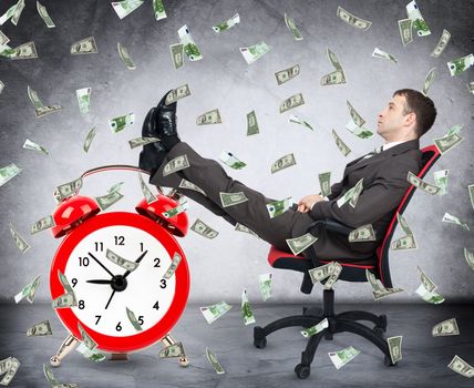 Time is money concept with businessman, clock and money rain 