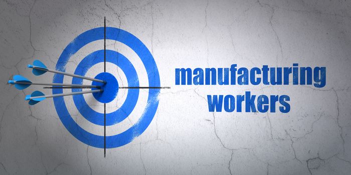 Success Industry concept: arrows hitting the center of target, Blue Manufacturing Workers on wall background, 3D rendering