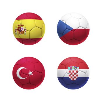 3D soccer ball with group D teams flags, isolated on white