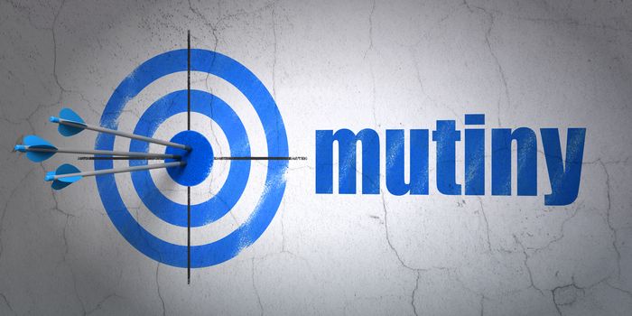 Success political concept: arrows hitting the center of target, Blue Mutiny on wall background, 3D rendering