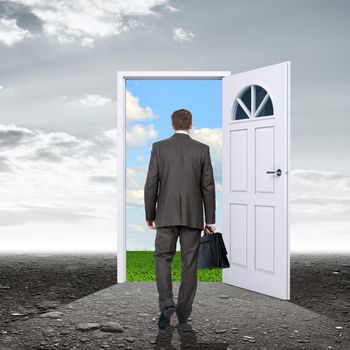 Businessman in grey reality with door in colorful nature, rear view