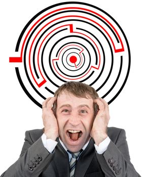 Shouting businessman against entrance to difficult maze puzzle