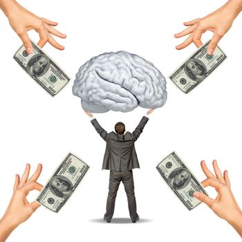 Businessman holding big brain and hand offering money isolated on white background
