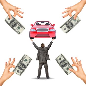 Red car in mens hands and hands offering cash on white background