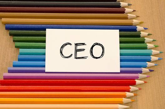 Ceo text concept and colored pencil on wooden background