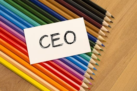 Ceo text concept and colored pencil on wooden background