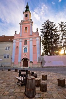Old Varazdin church and street vertical view at sunset, northern Croatia