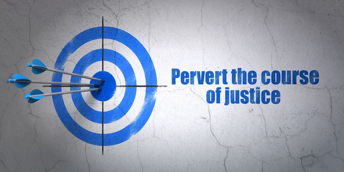 Success law concept: arrows hitting the center of target, Blue Pervert the course Of Justice on wall background, 3D rendering