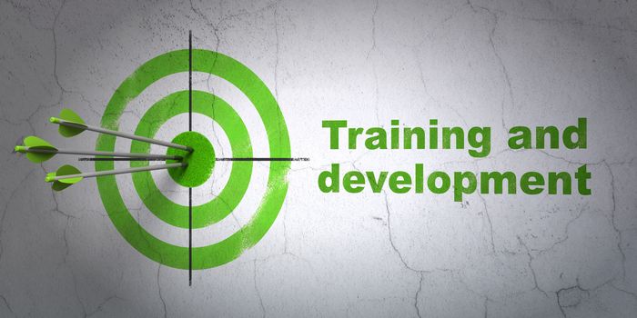 Success Learning concept: arrows hitting the center of target, Green Training and Development on wall background, 3D rendering