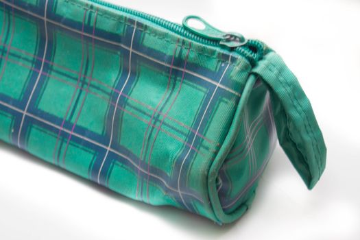 Green pencil bag white background.