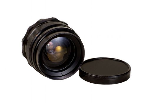 An old manual focus control camera lens isolated on white background with clipping paths
