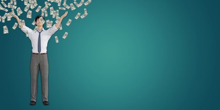Asian Man Catching Money Falling From the Sky in US Dollars