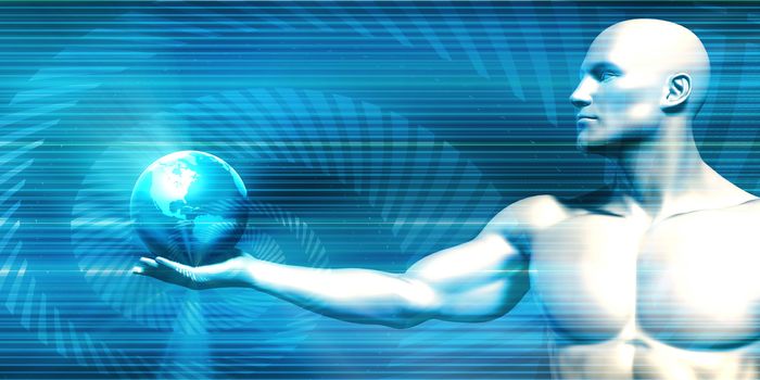 Man Holding Globe with Technology Abstract Background