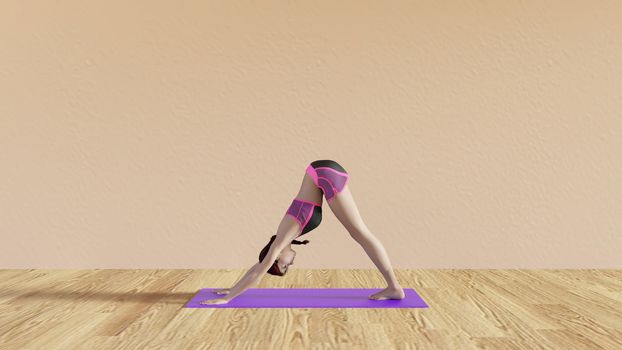 Yoga Class Downward Facing Dog Pose Illustration with Female Instructor 
