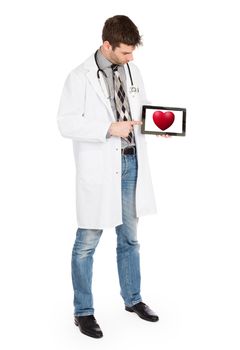 Doctor holding tablet, isolated on white - Red heart