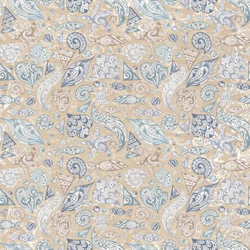 Seamless linen texture with ocean life sketch illustrations in blue color on beige background