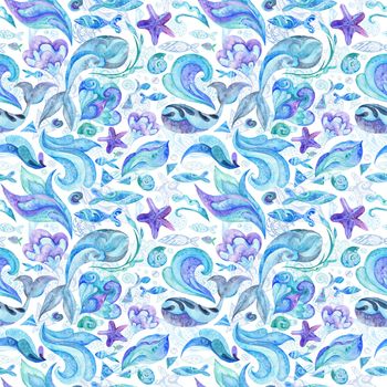 Nautical underwater texture with fishes, whales, starfishes, shells and waves isolated on white background for wallpaper and fabric design