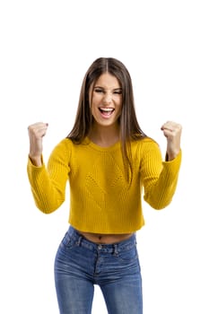 Beautiful and happy woman, isolated over white background 