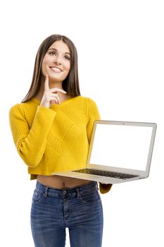 Beautiful  woman showing something on a laptop