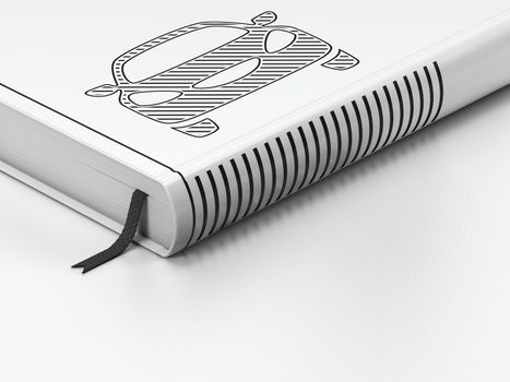 Vacation concept: closed book with Black Car icon on floor, white background, 3D rendering