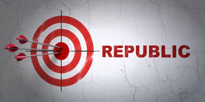 Success politics concept: arrows hitting the center of target, Red Republic on wall background, 3D rendering