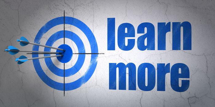 Success Learning concept: arrows hitting the center of target, Blue Learn More on wall background, 3D rendering