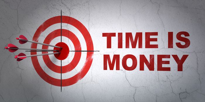 Success business concept: arrows hitting the center of target, Red Time is Money on wall background, 3D rendering
